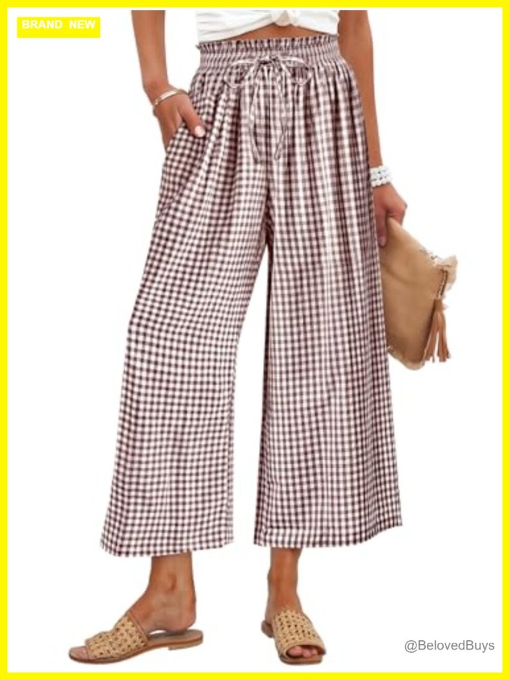 Womens Striped Gingham Palazzo Cropped Pants with Pockets Rayon